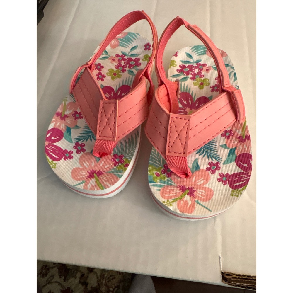 Pink Floral Toddler Flip Flop Sandals with Elastic Back Strap Size 7/8